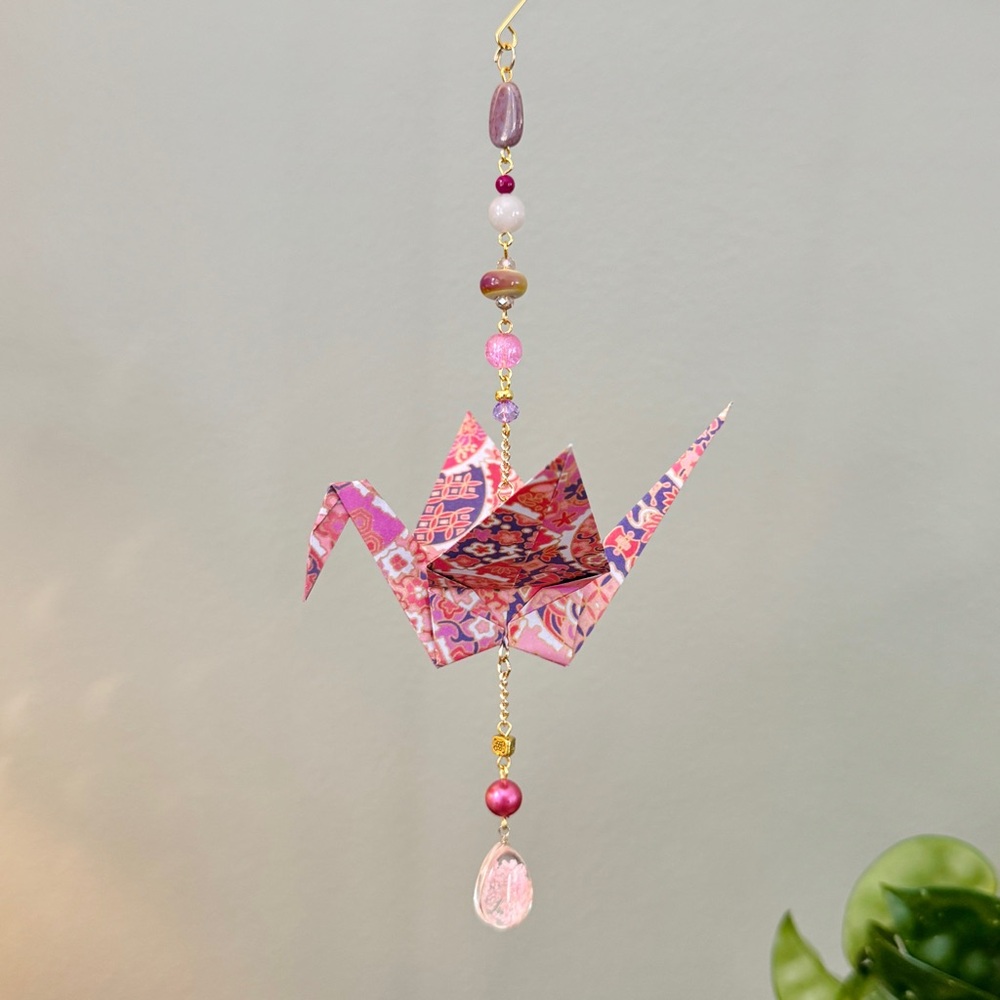 Origami Ornament #2427 - Large Crane with Resin Flower Pendant